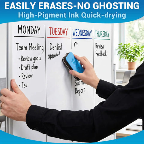 Person erasing whiteboard using Chisel Tip Dry Erase Markers with Magnetic Whiteboard Eraser 36 Bulk Pack In Four Colors