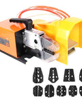 PioMue 1.3T Benchtop Pneumatic Crimping Tool With Replaceable Dies displaying crimping jaws and multiple dies for wire terminals.