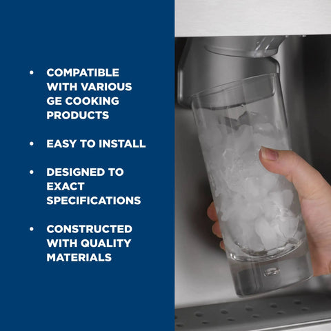 Filling glass with ice using Refrigerator Ice Maker Replacement Part WR30X28693 with Ice Mold and Control Device for consistent ice.
