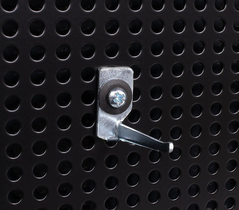 Close-up of perforated panel with metal hook from 67 Inch Lockable Garage Tool Panel With Aluminum Shutter And Three Perforated Panels, Red.