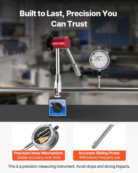 Dial Test Indicator With Magnetic Flexible Base Stand For Precision Machining, showing 0.001 Inch Accuracy and magnetic attachment.