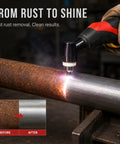 55A Pilot Arc Plasma Cutter With Rust Removal Mode in action on rusty metal pipe, demonstrating before and after effect.