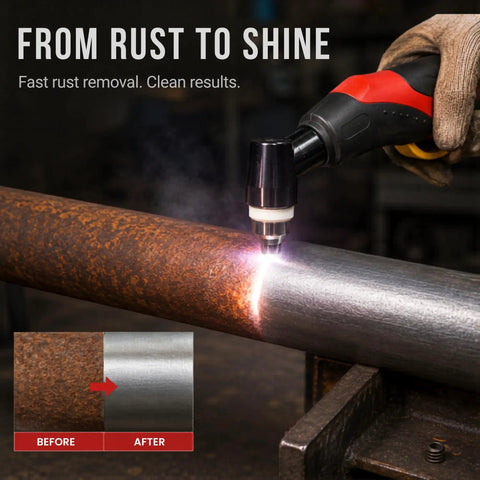 55A Pilot Arc Plasma Cutter With Rust Removal Mode in action on rusty metal pipe, demonstrating before and after effect.