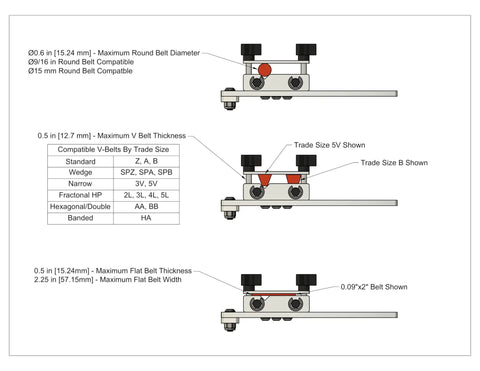 Diagram of belt sizes in Pro Grade Shop Ready Belt Welding Kit With PTFE Coated Heat Wand Tip Soften Urethane Belt Ends Press And Bond With Durable Clamp Create Clean Strong Splices Easy Setup For Repair Shops And DIY Belt Maintenance