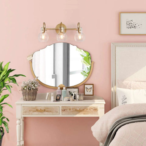Over Mirror Gold Bathroom Light Fixture With Three Clear Glass Globe Shades Modern Minimalist Vanity Lighting above mirror