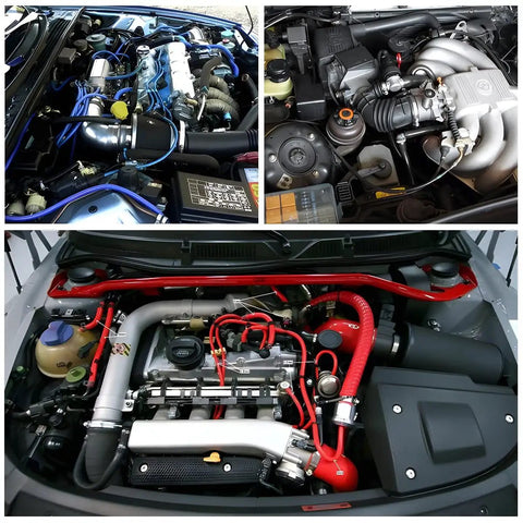 Collage of car engine bays with heavy duty silicone vacuum hose 10 ft long one eighth inch inner diameter high temperature 130 PSI max.