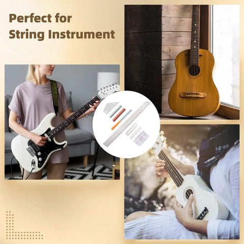 8 Piece Guitar Neck Straight Edge Kit with Notched Straight Edge displayed alongside guitars, perfect for setup and luthier work.