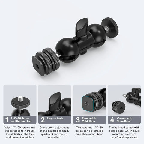 Double Ball Head With Cold Shoe Mount And One Quarter Inch Screws For Monitors, LED Lights, 180 Degree Swivel Adapter