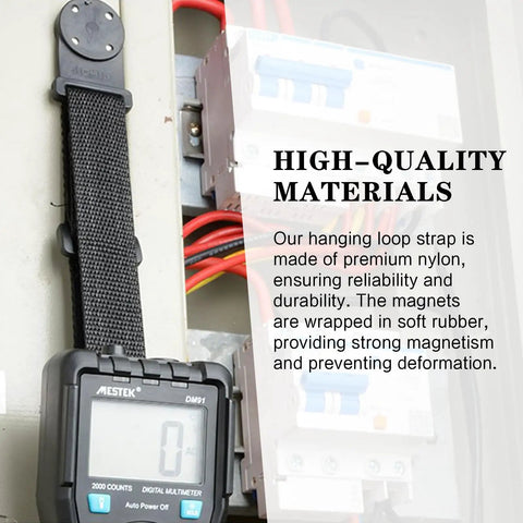 Magnetic Hanging Strap Kit For Digital Multimeters, Durable Magnetic Hanger And Strap Set attached to a multimeter on a metal surface