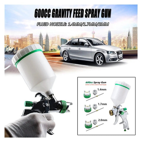 Heavy Duty Handheld Airbrush Kit Knockout Finish HVLP Spray Gun with 600ML gravity cup and adjustable nozzles for auto detailing.