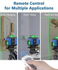 Image showing Green Beam 16 Lines Laser Level With Self Leveling in use for hanging pictures, tiling floors, and painting walls.