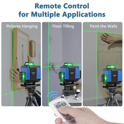 Image showing Green Beam 16 Lines Laser Level With Self Leveling in use for hanging pictures, tiling floors, and painting walls.