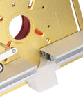 Close-up of Tough Guy Badass Electric Router Lift Kit with Hefty Aluminum Alloy Table Insert Plate in gold finish.