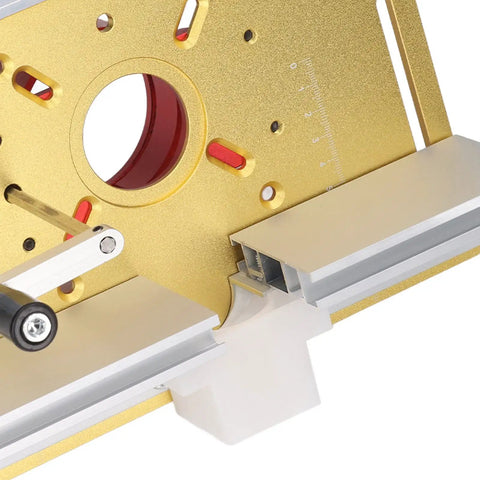 Close-up of Tough Guy Badass Electric Router Lift Kit with Hefty Aluminum Alloy Table Insert Plate in gold finish.