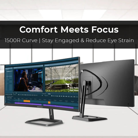 Side view of 34 Inch Curved Ultrawide Monitor Dope For Your Desk Setup With 3440x1440 WQHD, showing dual screens and adjustable stand
