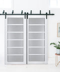 Bypass Sliding Barn Doors Set With Frosted Glass And Solid Wood Panels 60x96 Inches White Modern Interior Style installed in room.