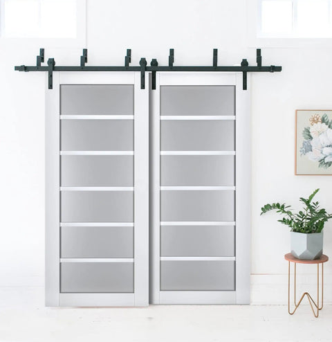 Bypass Sliding Barn Doors Set With Frosted Glass And Solid Wood Panels 60x96 Inches White Modern Interior Style installed in room.