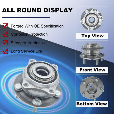 Front Wheel Bearing Hub Assembly Compatible With Hyundai Sonata 2015 2019 Tucson Veloster N Nexo Optima 2016 2020 Sportage Cadenza Front Left And Right Direct Replacement 513374 VKBA7786 top, front, and bottom view