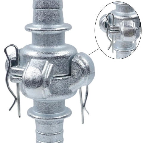 Four Piece Three Quarter Inch Hose Barb Air Fittings Kit With Safety Locks and Washers close-up of galvanized steel fitting