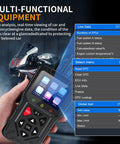2-In-1 OBD2 Scanner For Cars And Motorcycles With Live Data shown in use, displaying diagnostic options and real-time data on screen.