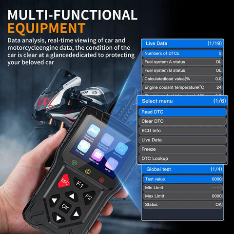 2-In-1 OBD2 Scanner For Cars And Motorcycles With Live Data shown in use, displaying diagnostic options and real-time data on screen.