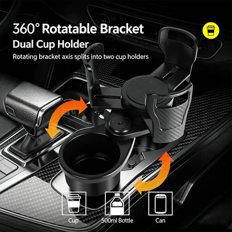 Universal Adjustable Car Cup Holder Expander Insert Base Fills Center Console Gaps Securely Holds Large Travel Mugs And Big Sippers with dual cup holders.