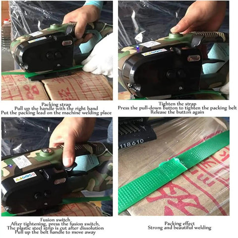 Heavy Duty Electric Automatic Strapping Machine in use, tightening PP strap on carton with adjustable tension and hot melt welding.