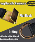 Four Pack Car Tie Down Straps For Trailers With Flat Hooks Two Inch By Ten Foot 10000 Lbs Break Strength closeup of flat hook