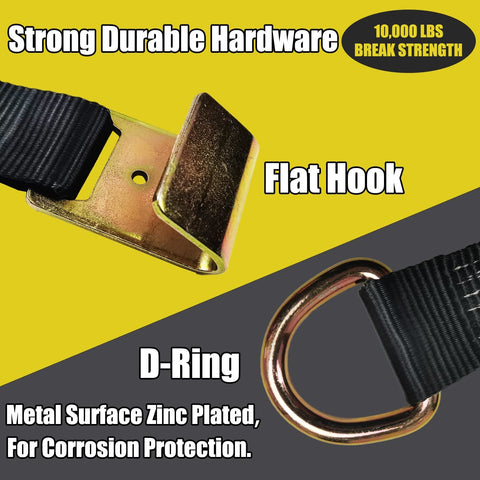 Four Pack Car Tie Down Straps For Trailers With Flat Hooks Two Inch By Ten Foot 10000 Lbs Break Strength closeup of flat hook