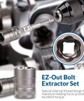 Close-up of a 54 Piece Screw And Bolt Extractor Set With Left Hand Drill Bits For Stripped Screws And Broken Bolts, Lug Nut Remover Kit.