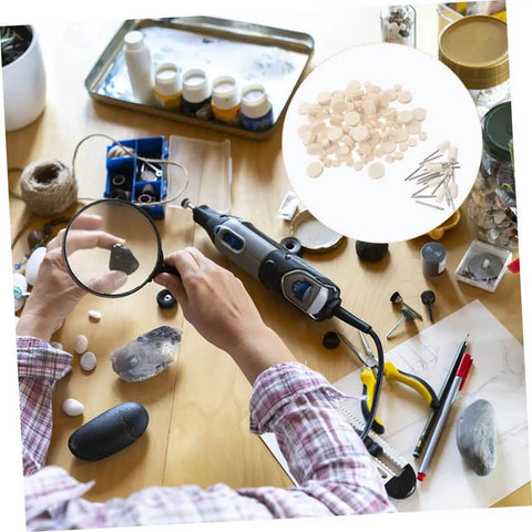 Person using drill with 120-piece Wool Felt Polishing Wheel Set for metal and jewelry finishing on crafting table.