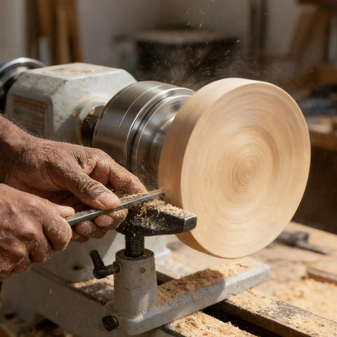 Built Tough 4 Inch Wood Lathe Chuck 4 Jaw Self Centering Bevel Gear Set in use for woodturning with spinning wood piece