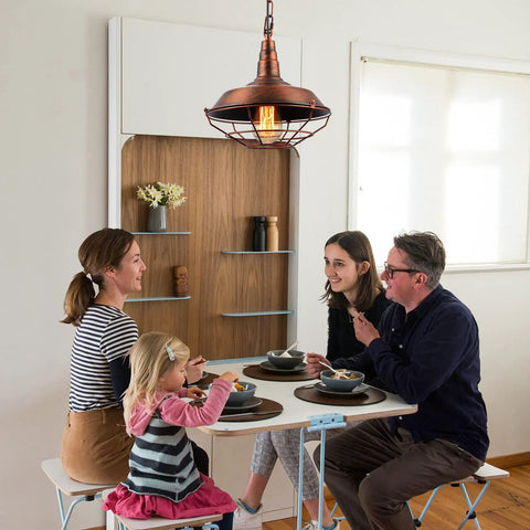Family dining under Industrial Pendant Lights 2 Pack For Kitchen Island Farmhouse Style Hanging Fixtures With Adjustable Chains And Rustic Metal Wire Cage Vintage Red Finish Perfect For Barn Dining Room Hallway Or Foyer.