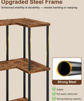 Detailed view of the Top Notch 5 Tier L Shaped Corner Bookshelf 60 Inch Tall showing upgraded steel frame and rustic brown shelves.