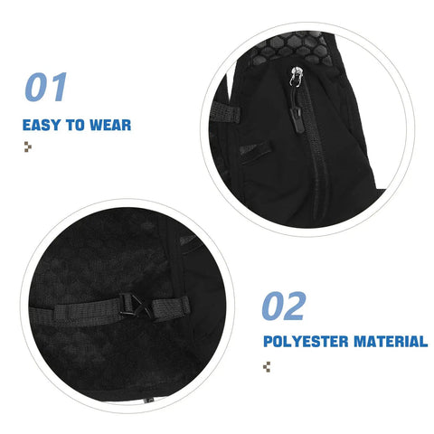 Close-up of Go To Hydration Backpack showing polyester material and strap, ideal for running, cycling, hiking with quick access water bladder and nighttime visibility.