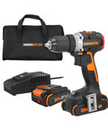 Nitro 20V Cordless Half Inch Drill Driver With Brushless Motor, pocket powerhouse, black with charger, batteries, and carrying bag.