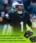 Football player wearing helmet with SpeedFlex Compatible Football Helmet Chin Strap Stabilizer Kit With Thumb Screws And Cam Loc Housings For Youth And Adult Helmets.