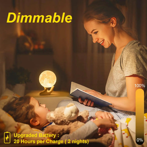 Mother reading to child with Moon Lamp For Kids And Adults With Realistic 3D Moon Surface on beside table, cozy night atmosphere