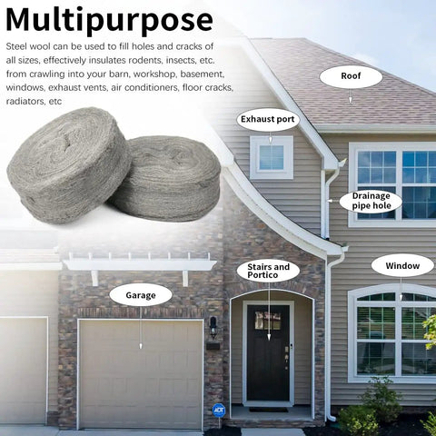 Steel Wool Mice Control Patch Kit, 60 Ft Stainless Steel Wool Roll To Block Gaps In Walls, Kitchens, Garages, Gardens And Pipes DIY Chew Proof Gap Filler For Holes And Cracks shown by house and wool rolls