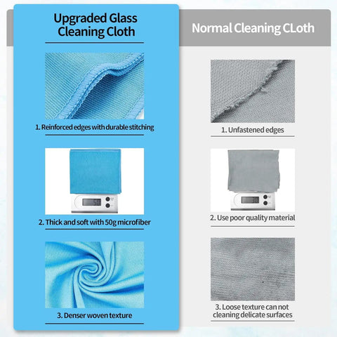 Ultra Soft Microfiber Glass Cleaning Cloths 12 Pack Streak Free No Lint Wipes comparison showing reinforced edges and thick microfiber