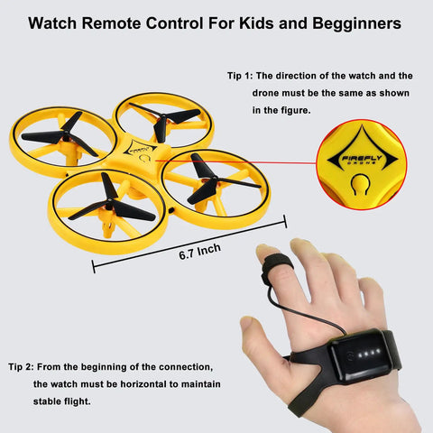 Watch remote control for Gesture Control Drone For Kids Hand Sensor RC Quadcopter, showing 6.7-inch yellow propellers