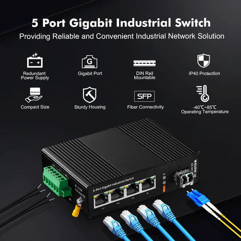 Industrial 8 Port Gigabit DIN Rail Ethernet Switch With 2 SFP Ports And 20 KM LC SMF Fiber Module IP40 Rated Unmanaged Network Switch Tough As Nails For Harsh Environments Minus Forty To One Hundred Eighty Five Fahrenheit Temperature UL Power Supply
