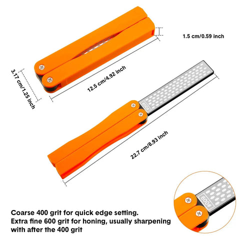 Diagram of a folding pocket diamond sharpener for garden tools and knives, dual sided 400 600 grit stone, orange handle, with measurements.