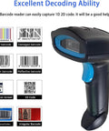 Hassle Free Wireless Bluetooth Barcode Scanner Cordless 1D 2D QR Code Reader showing various barcode examples and decoding ability.