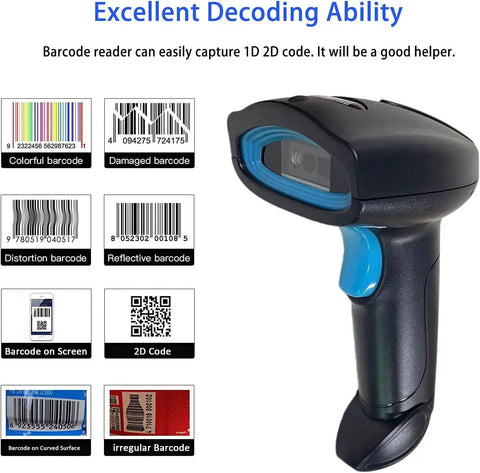Hassle Free Wireless Bluetooth Barcode Scanner Cordless 1D 2D QR Code Reader showing various barcode examples and decoding ability.