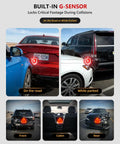 Infographic showing built-in G-Sensor feature of 3 Channel Dash Cam For Cars Front And Rear With 4K Video And Cabin Cam HDR Night Vision Ride Ready 24 Hour Parking Mode includes 64GB Card Built In 58GHz WiFi GPS 170 Degree Wide Angle And G Sensor Emergency Lock.