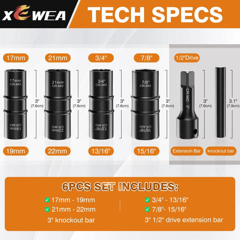 Beefy Thin Wall Lug Nut Impact Socket Set Eight Sizes 17mm 19mm 21mm 22mm And Three Quarter Inch Seven Eighths Inch Thirteen Sixteenths Inch Fifteen Sixteenths Inch Dual End Flip Sockets Half Inch Drive CRMO Tool For Cars And Light Trucks with size and tech specs