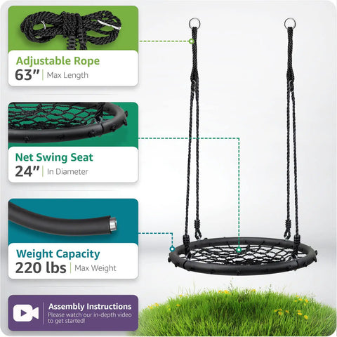 Saucer Tree Swing For Kids, 24 Inch Net Seat Disc Round Swing, Heavy Duty Up To 220 Lbs, Easy Install Backyard Playground Swing