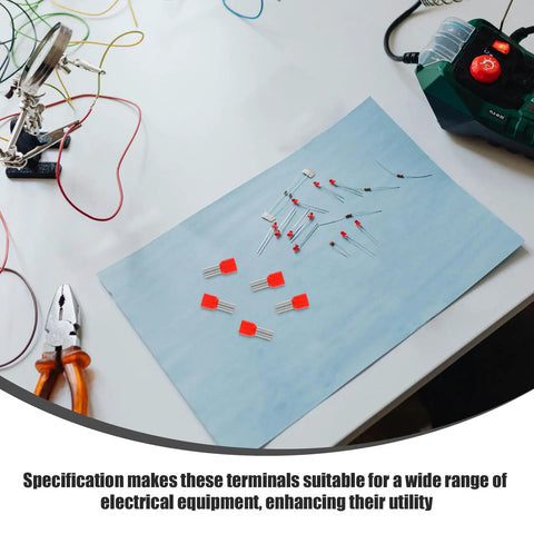 Huge 100 Pack Wire End Terminal Kit With Non Insulated Ferrule Connectors Made From Stainless Steel Plus Plastic To Stop Short Circuits And Boost Electrical Wiring Reliability For DIY Projects And Car Repairs, red ferrules on wiring bench