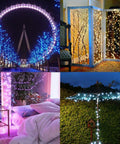 Collage of Fairy Lights Plug In 40ft 120 LED Twinkle String with Remote Timer, 16 Colors and 132 Modes for various decorative setups.